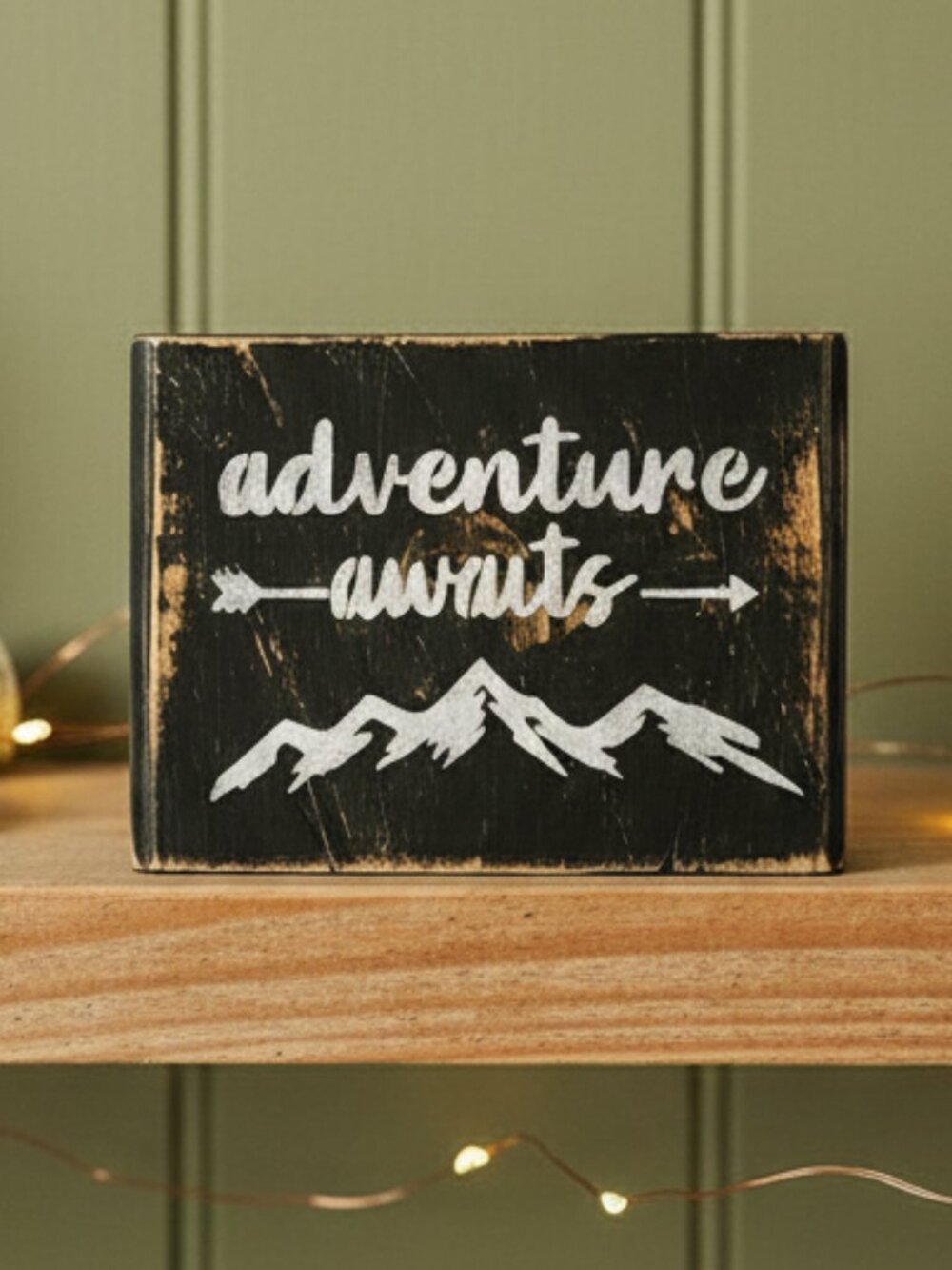 Adventure Awaits Wood Block Decor | Rustic Mountain Shelf Sitter